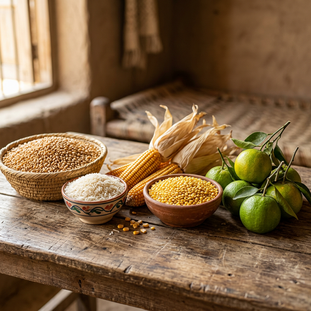 Wheat, rice, corn, lentils and citrus